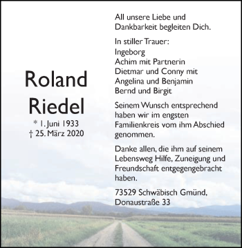 Traueranzeige von Roland Riedel von Gmünder Tagespost