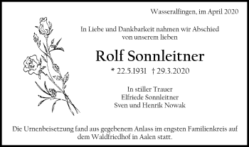 Traueranzeige von Rolf Sonnleitner von Schwäbische Post
