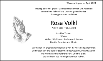 Traueranzeige von Rosa Völkl von Schwäbische Post