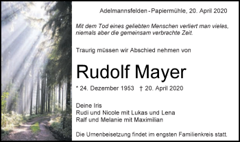 Traueranzeige von Rudolf Mayer von Schwäbische Post