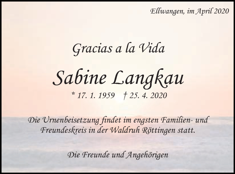  Traueranzeige für Sabine Langkau vom 29.04.2020 aus Schwäbische Post