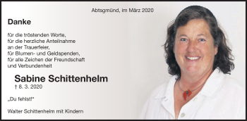Traueranzeige von Sabine Schittenhelm von Kocher-Lein-Bote