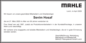 Traueranzeige von Sevim Hosaf von Gmünder Tagespost