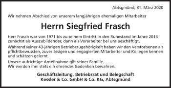 Traueranzeige von Siegfried Frasch von Schwäbische Post