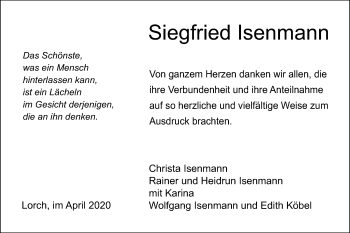 Traueranzeige von Siegfried Isenmann von Gmünder Tagespost