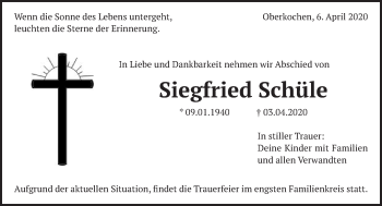 Traueranzeige von Siegfried Schüle von Schwäbische Post