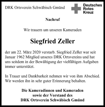Traueranzeige von Siegfried Zeller von Gmünder Tagespost