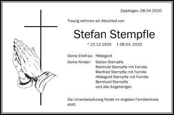 Traueranzeige von Stefan Stempfle von Schwäbische Post