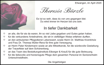 Traueranzeige von Theresia Bürzele von Schwäbische Post