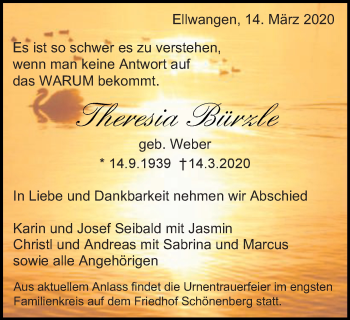 Traueranzeige von Theresia Bürzle