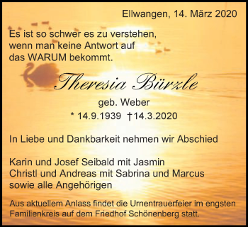 Traueranzeige von Theresia Bürzle von Schwäbische Post