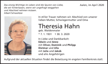 Traueranzeige von Theresia Hahn von Schwäbische Post
