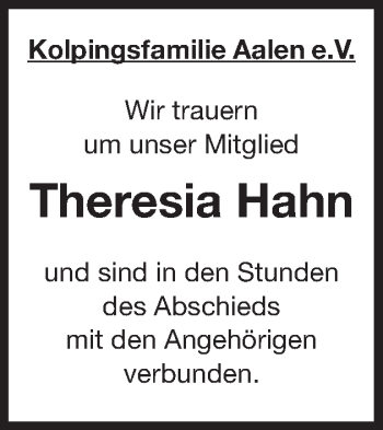 Traueranzeige von Theresia Hahn von Schwäbische Post