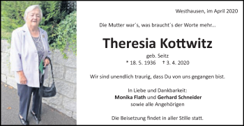 Traueranzeige von Theresia Kottwitz von Schwäbische Post