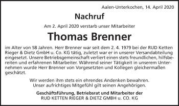 Traueranzeige von Thomas Brenner von Schwäbische Post