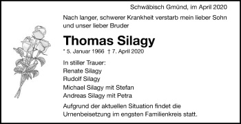Traueranzeige von Thomas Silagy von Gmünder Tagespost