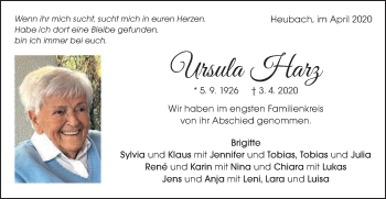 Traueranzeige von Ursula Harz von Gmünder Tagespost