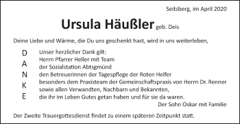 Traueranzeige von Ursula Häußler von Schwäbische Post