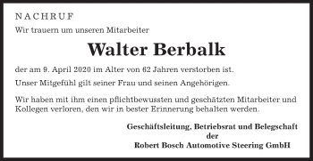 Traueranzeige von Walter Berbalk von Gmünder Tagespost