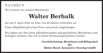 Traueranzeige von Walter Berbalk