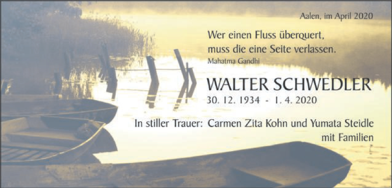  Traueranzeige für Walter Schwedler vom 04.04.2020 aus Schwäbische Post