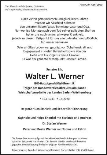 Traueranzeige von Walter L. Werner von Schwäbische Post