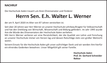 Traueranzeige von Walter L. Werner von Schwäbische Post