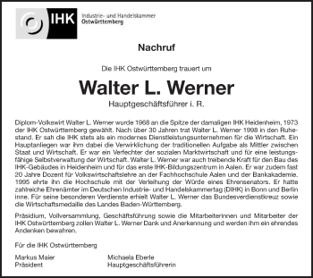 Traueranzeige von Walter L. Werner von Schwäbische Post
