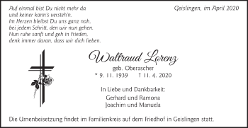 Traueranzeige von Waltraud Lorenz von Schwäbische Post