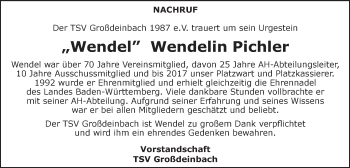 Traueranzeige von Wendelin Pichler von Gmünder Tagespost