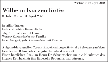 Traueranzeige von Wilhelm Kurzendörfer von Gmünder Tagespost