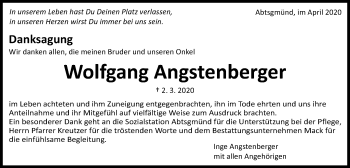Traueranzeige von Wolfgang Angstenberger von Schwäbische Post
