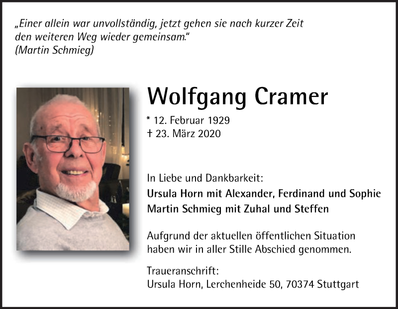  Traueranzeige für Wolfgang Cramer vom 02.04.2020 aus Gmünder Tagespost