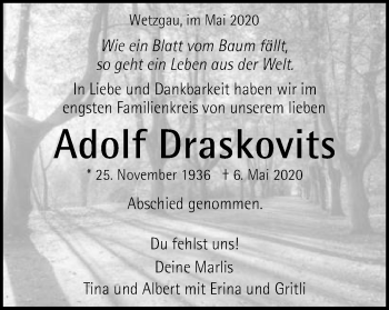 Traueranzeige von Adolf Draskovits von Gmünder Tagespost