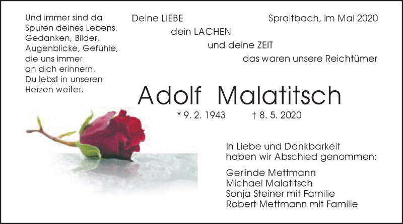  Traueranzeige für Adolf Malatitsch vom 16.05.2020 aus Gmünder Tagespost