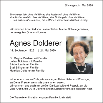 Traueranzeige von Agnes Dolderer von Schwäbische Post