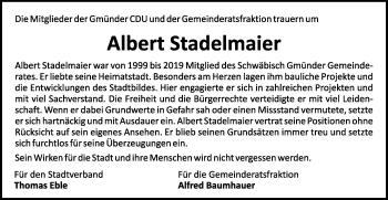 Traueranzeige von Albert Stadelmaier von Gmünder Tagespost