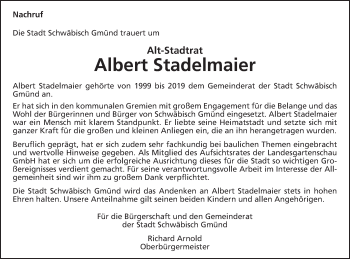 Traueranzeige von Albert Stadelmaier von Gmünder Tagespost