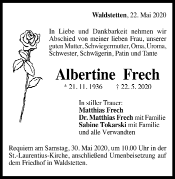 Traueranzeige von Albertine Frech von Gmünder Tagespost