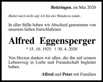 Traueranzeige von Alfred Eggensperger von Gmünder Tagespost
