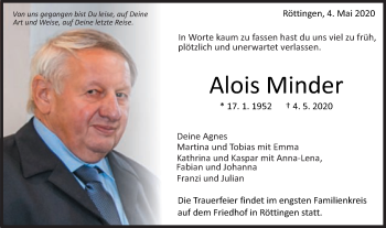 Traueranzeige von Alois Minder von Schwäbische Post