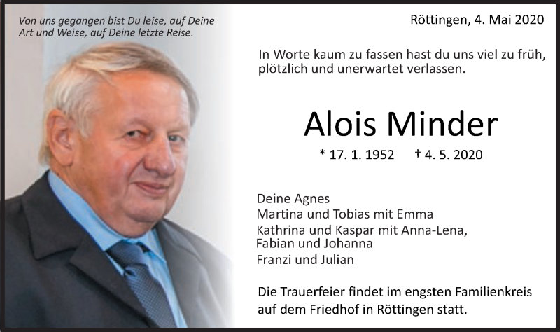  Traueranzeige für Alois Minder vom 09.05.2020 aus Schwäbische Post
