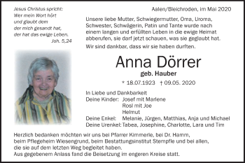 Traueranzeige von Anna Dörrer von Schwäbische Post