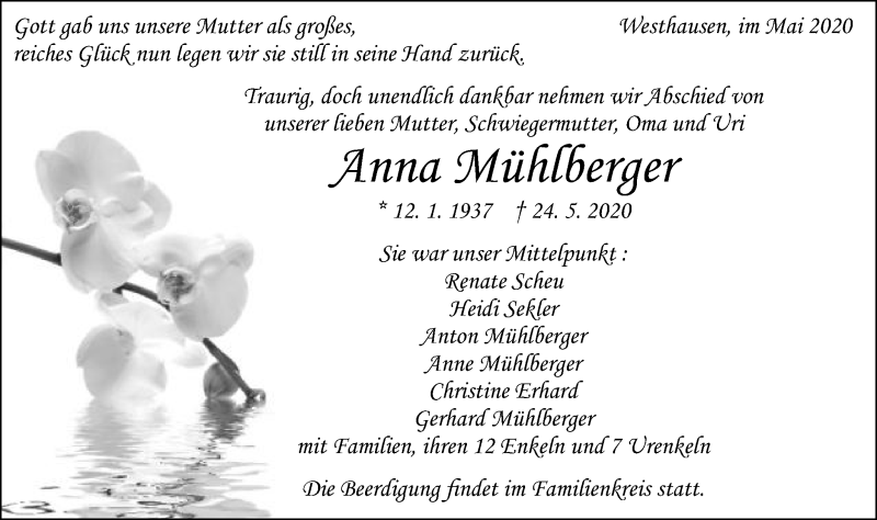  Traueranzeige für Anna Mühlberger vom 26.05.2020 aus Schwäbische Post