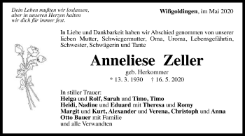 Traueranzeige von Anneliese Zeller von Gmünder Tagespost