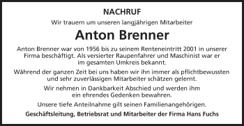 Traueranzeige von Anton Brenner von Schwäbische Post