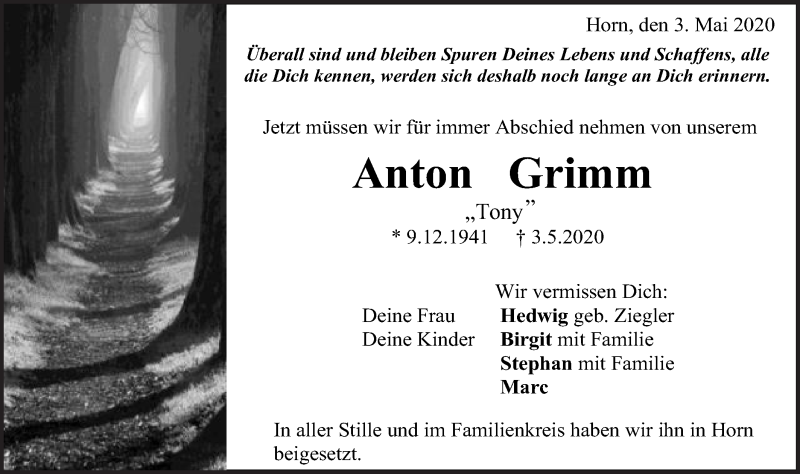  Traueranzeige für Anton Grimm vom 09.05.2020 aus Gmünder Tagespost