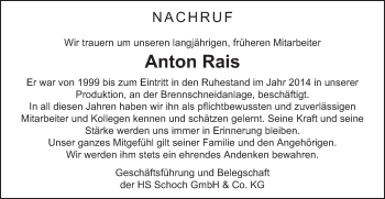 Traueranzeige von Anton Rais von Schwäbische Post