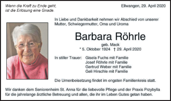 Traueranzeige von Barbara Röhrle von Schwäbische Post