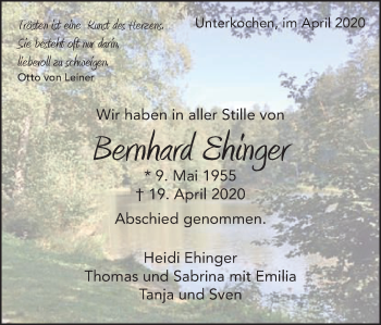 Traueranzeige von Bernhard Ehinger von Schwäbische Post